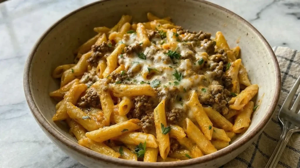 A bowl of Creamy High Protein Beef Pasta with ground beef and melted cheese, garnished with fresh parsley.