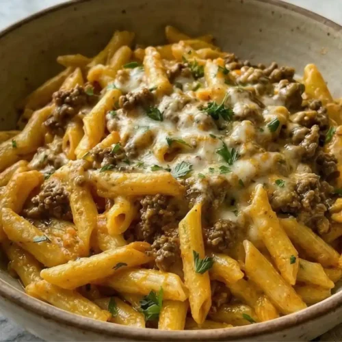 A bowl of Creamy High Protein Beef Pasta with ground beef and melted cheese, garnished with fresh parsley.