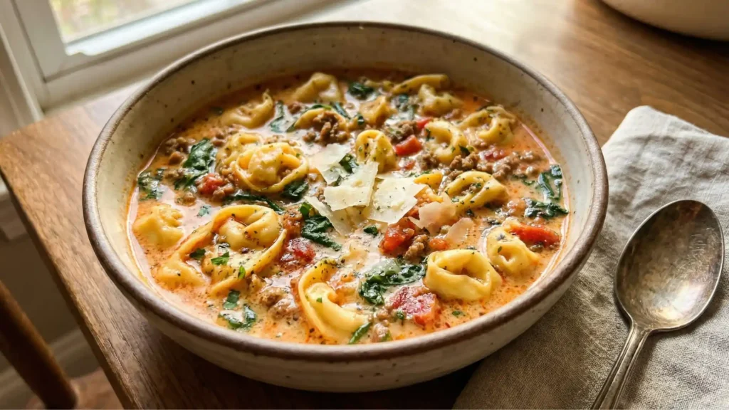 Italian sausage tortellini soup with spinach, tomatoes, and Parmesan in a rustic bowl