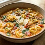 Italian Sausage Tortellini Soup (Creamy & Easy) 8 Italian sausage tortellini soup with spinach, tomatoes, and Parmesan in a rustic bowl