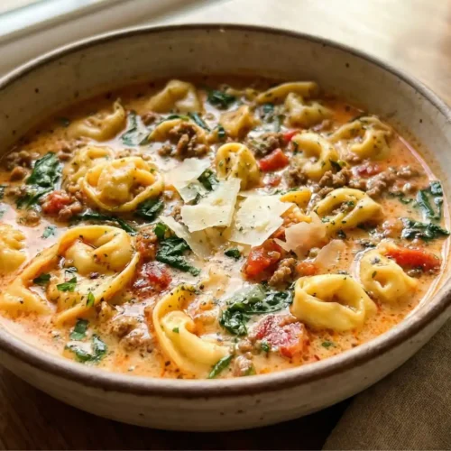 Italian Sausage Tortellini Soup (Creamy & Easy) 3 Italian sausage tortellini soup with spinach, tomatoes, and Parmesan in a rustic bowl