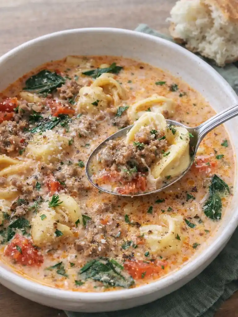 Italian Sausage Tortellini Soup (Creamy & Easy) 2 Italian sausage tortellini soup with creamy tomato broth, spinach, and sausage on a spoon
