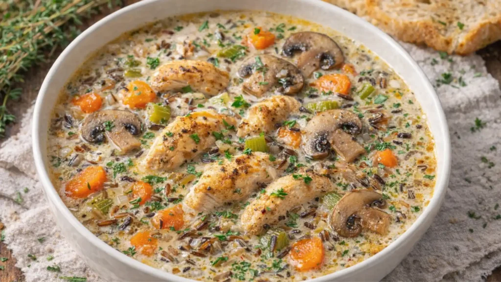 Creamy Mushroom Chicken Soup with wild rice, mushrooms, carrots, celery, and tender chicken in a creamy broth