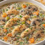 Creamy Mushroom Chicken Soup with wild rice, mushrooms, carrots, celery, and tender chicken in a creamy broth