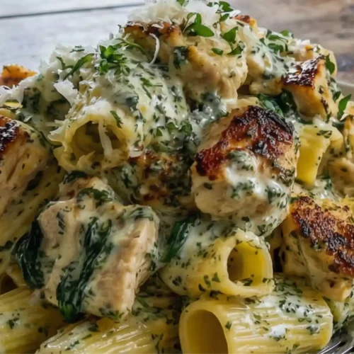 Creamy Pesto Chicken Pasta served on a plate with rigatoni, tender chicken chunks, spinach, basil pesto sauce, and melted cheese topping