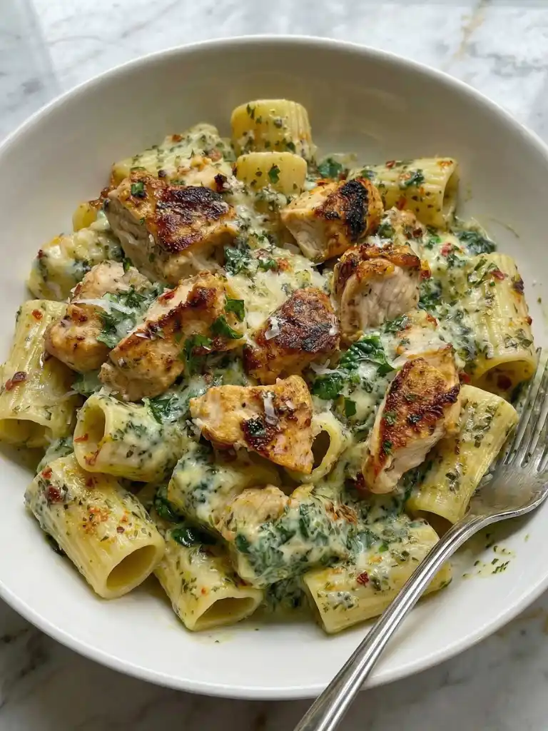 Creamy Pesto Chicken Pasta in a white bowl with rigatoni, grilled chicken pieces, spinach, and cheesy basil pesto sauce