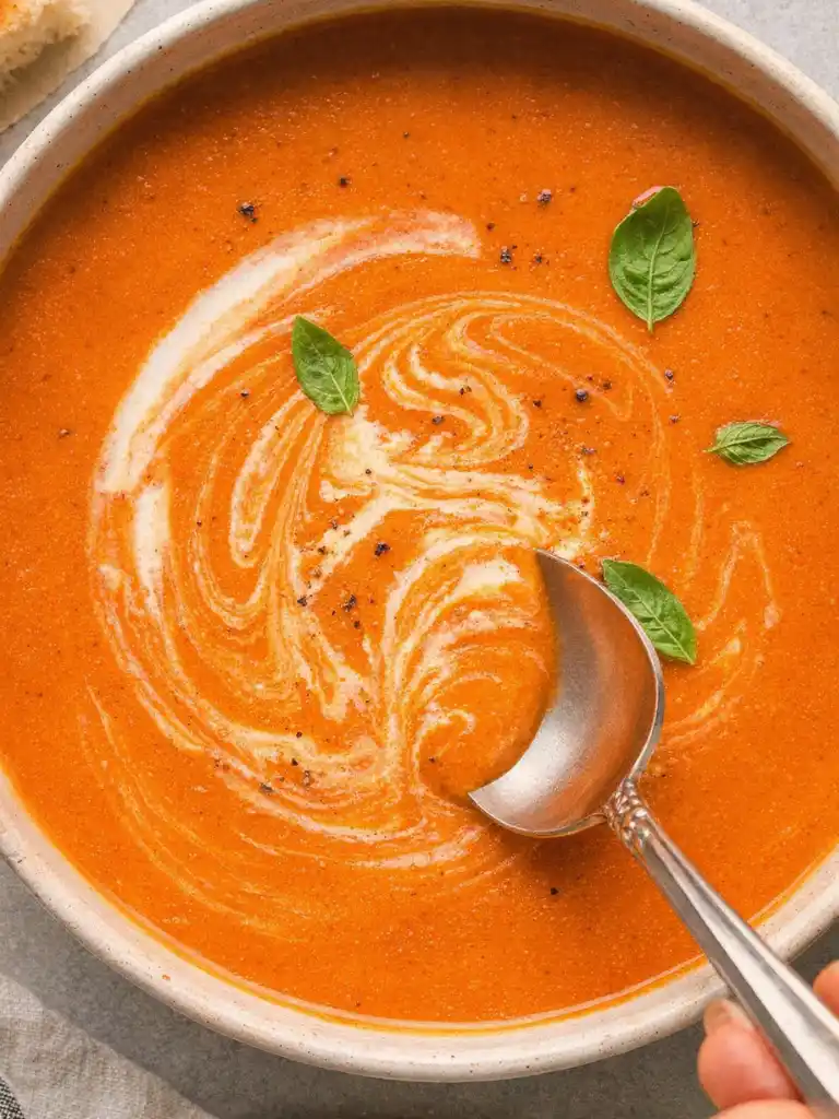 Creamy Homemade Tomato Soup with basil leaves, cream swirl, and black pepper in a ceramic bowl