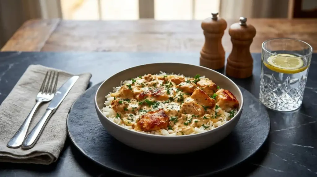 Smothered Chicken & Rice served in a bowl with creamy gravy and fresh parsley on fluffy white rice