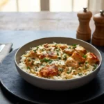 Smothered Chicken & Rice served in a bowl with creamy gravy and fresh parsley on fluffy white rice