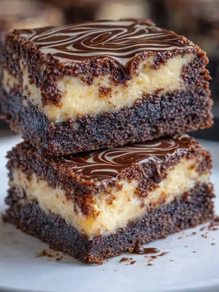 Keto cheesecake brownies stacked with creamy cheesecake filling and glossy chocolate topping