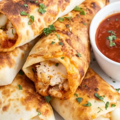 Golden Air Fryer Chicken & Mozzarella Wraps served with marinara dipping sauce on a white plate