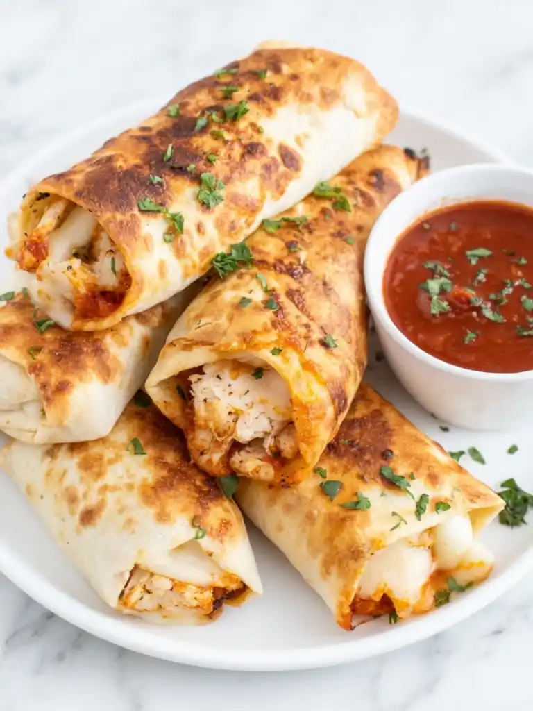 Golden Air Fryer Chicken & Mozzarella Wraps served with marinara sauce on a white plate