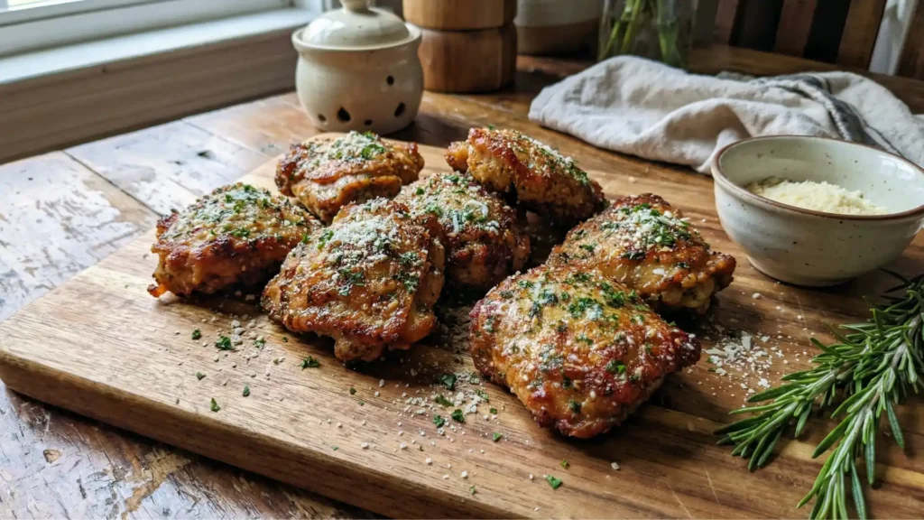 Air Fryer Garlic Parmesan Chicken Thighs with crispy skin and fresh parsley on a wooden board