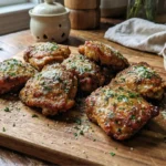 Air Fryer Garlic Parmesan Chicken Thighs with crispy skin and fresh parsley on a wooden board