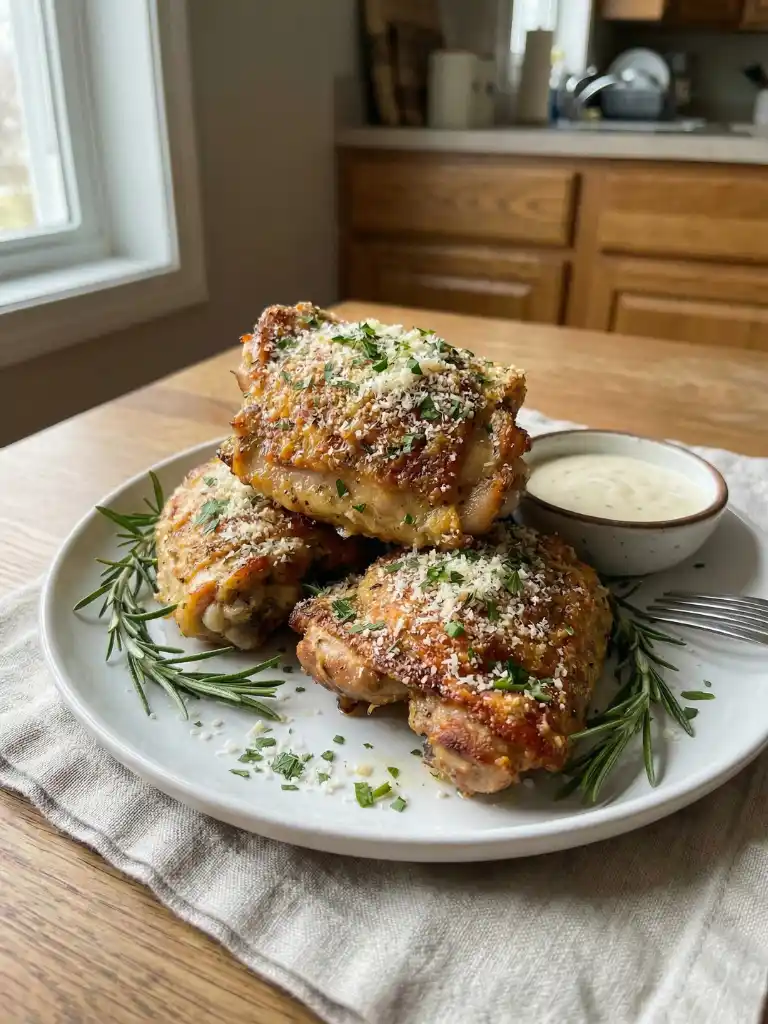 Air Fryer Garlic Parmesan Chicken Thighs stacked on a plate with herbs and dipping sauce
