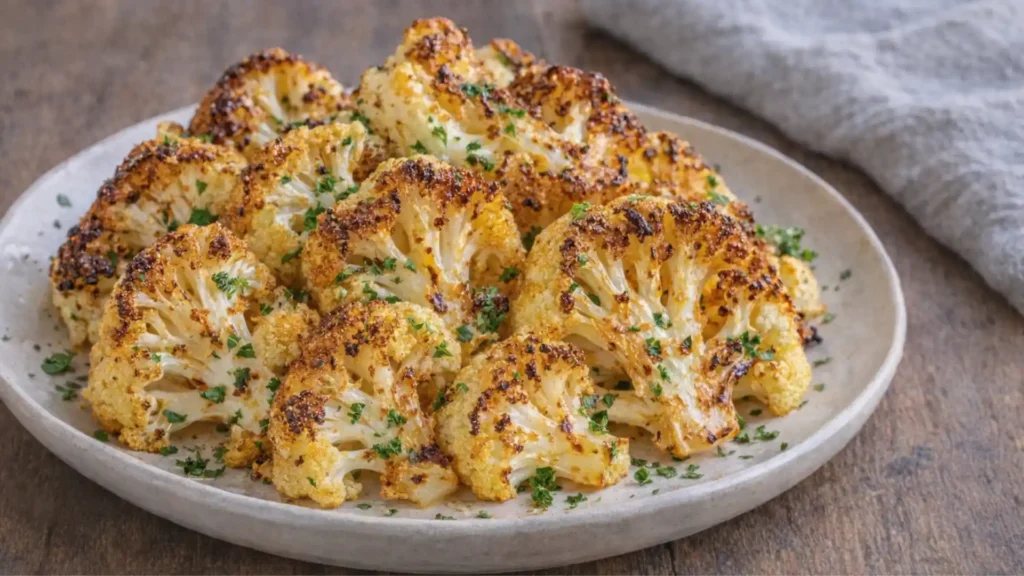 Easy Air Fryer Cauliflower served on a plate with golden edges and parsley garnish
