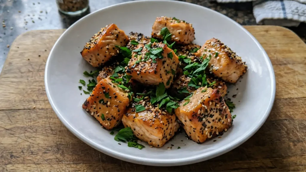 Air Fryer Salmon Bites in a white bowl topped with sesame seeds and fresh parsley