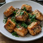 Air Fryer Salmon Bites in a white bowl topped with sesame seeds and fresh parsley