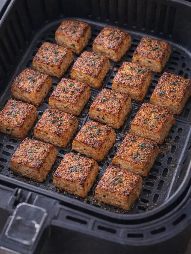 Air Fryer Salmon Bites cooking in the basket until crisp and golden on the outside