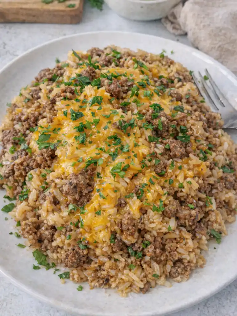 cheesy ground beef and rice casserole topped with melted cheddar and chopped parsley on a white plate