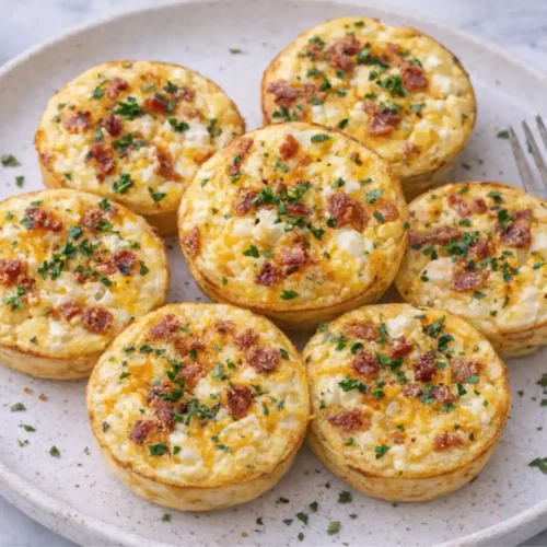 Easy Cottage Cheese Egg Bites 3 Fresh cottage cheese egg bites arranged on a plate with bacon and herbs