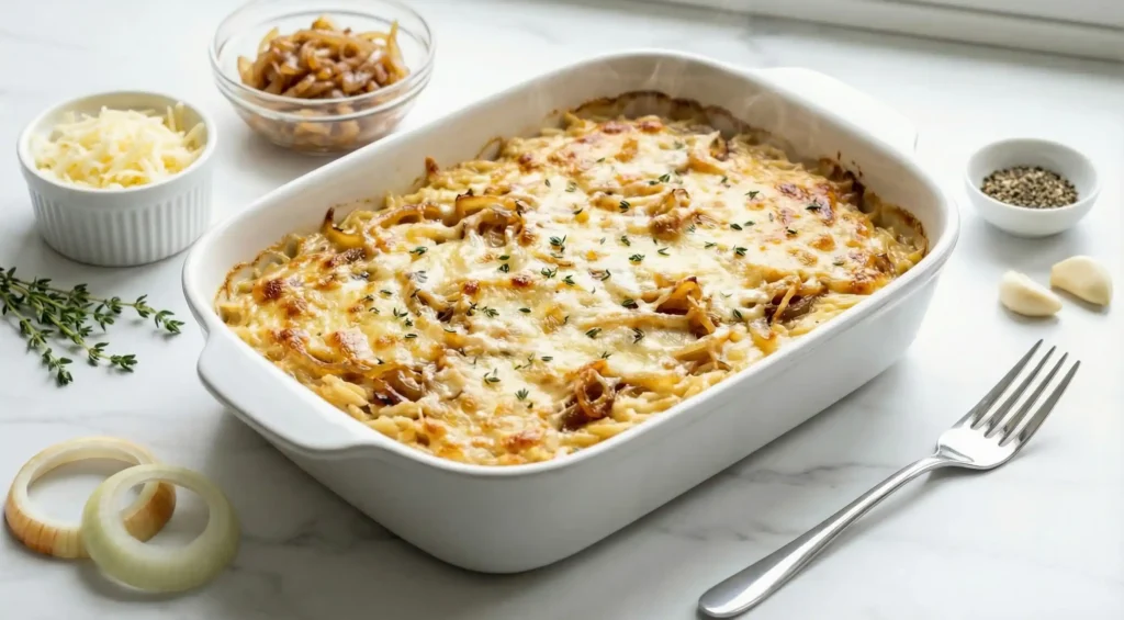 French Onion Chicken Orzo Casserole in a white baking dish with bubbly Gruyere, caramelized onions, and thyme on marble