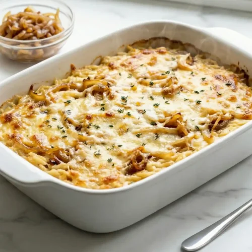 French Onion Chicken Orzo Casserole in a white baking dish with bubbly Gruyere, caramelized onions, and thyme on marble