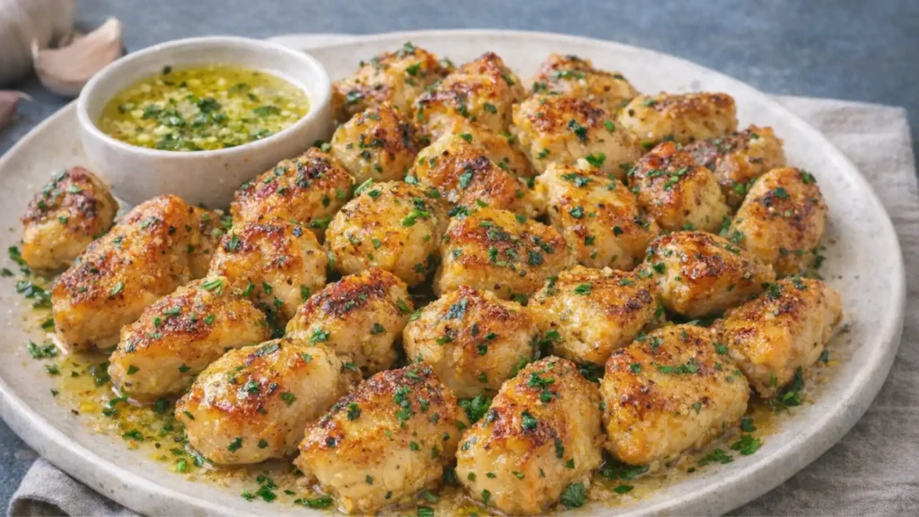 Garlic Butter Chicken Bites served on a plate with golden sear and fresh parsley
