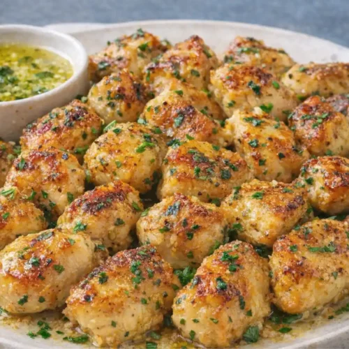 Garlic Butter Chicken Bites (One Pan, 25 Minutes) 3 Garlic Butter Chicken Bites served on a plate with golden sear and fresh parsley