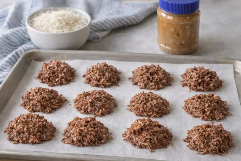 No-bake keto cookies on a parchment-lined sheet pan with coconut and peanut butter ingredients nearby