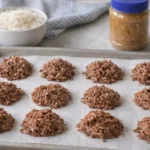 No-bake keto cookies on a parchment-lined sheet pan with coconut and peanut butter ingredients nearby
