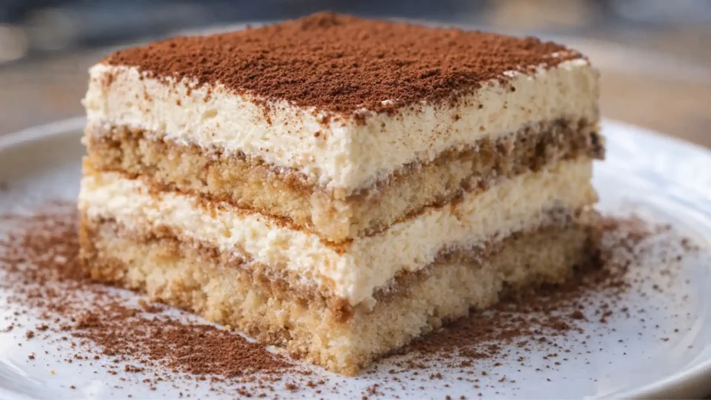 Easy tiramisu slice with mascarpone layers, coffee-soaked lady fingers, and cocoa powder on a white plate