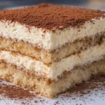 Easy tiramisu slice with mascarpone layers, coffee-soaked lady fingers, and cocoa powder on a white plate