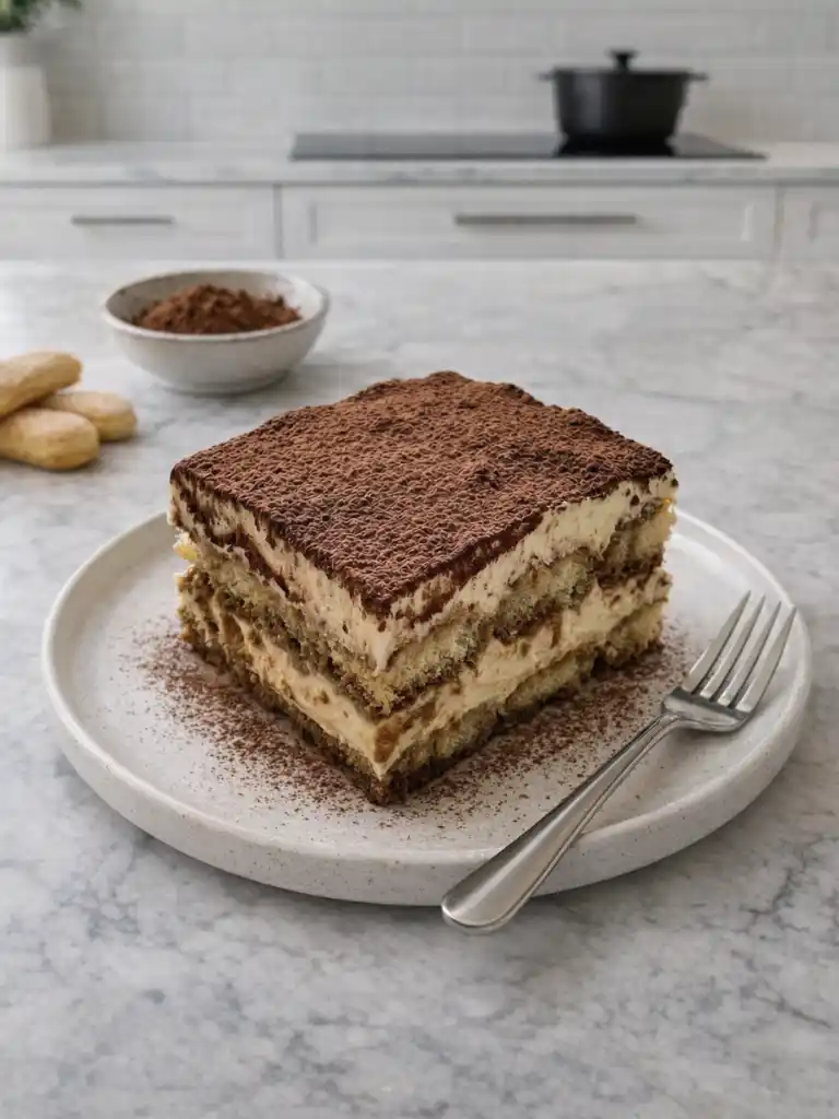 Easy tiramisu slice with mascarpone layers, cocoa topping, and coffee-soaked lady fingers on a plate