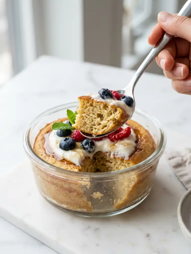High Protein Pancake Bowls with yogurt and berries, showing fluffy baked texture in a glass ramekin