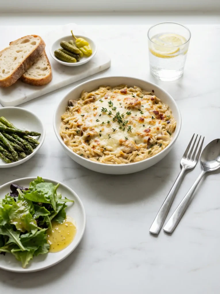 French Onion Chicken Orzo Casserole in a bowl with melted cheese and thyme on marble, served with salad, asparagus, bread, pickles, and lemon water