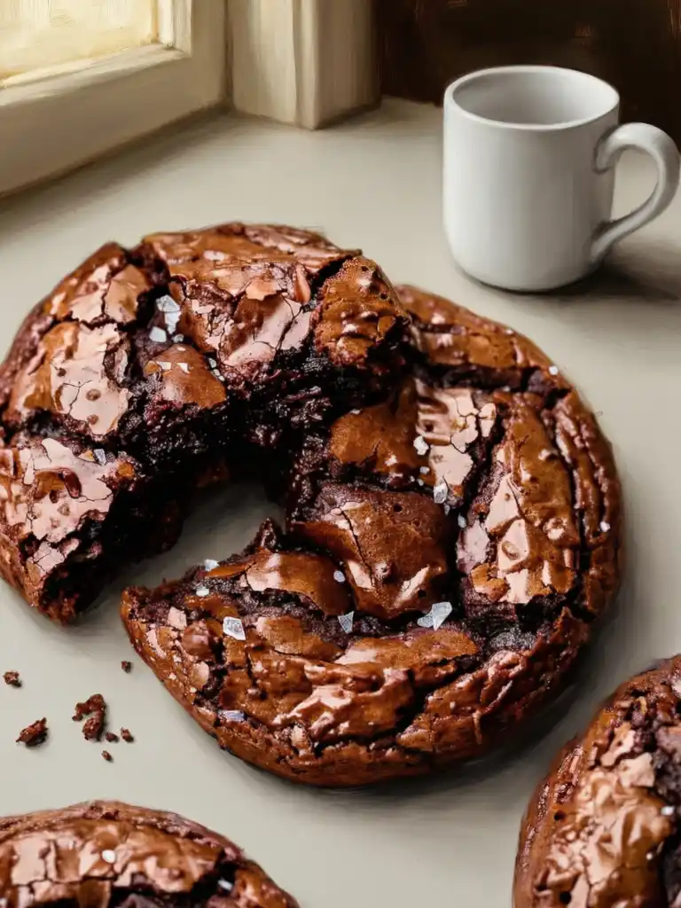 Fudgy Chewy Brookies with crackly tops and rich chocolate center beside a coffee cup