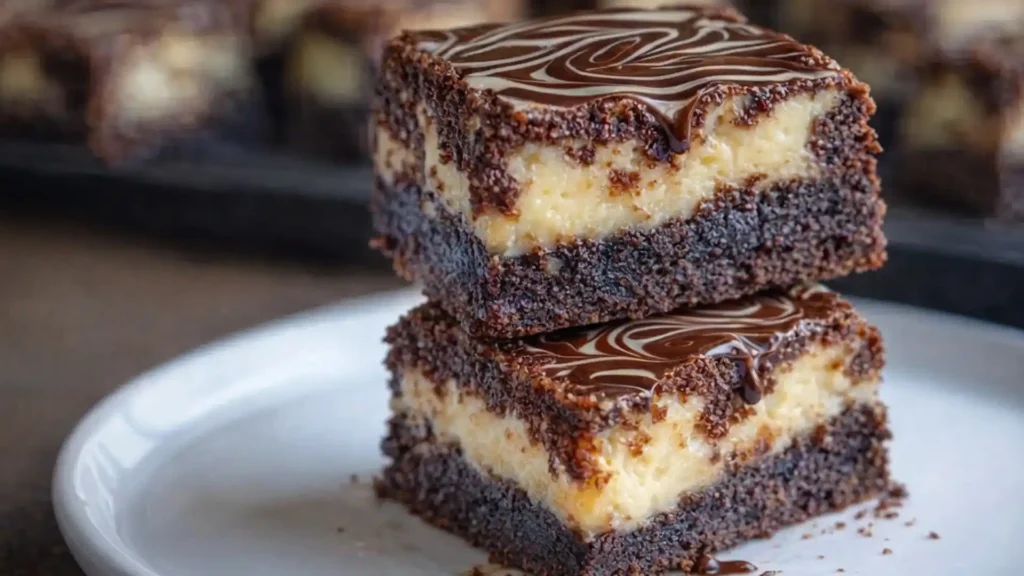 Keto cheesecake brownies stacked on a plate with creamy cheesecake layers and glossy chocolate swirl
