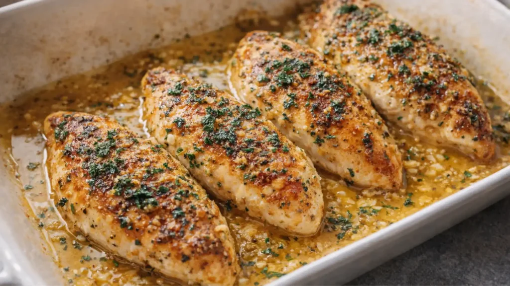 Garlic Butter Baked Chicken Breast cooked in a rich garlic herb butter sauce, juicy oven baked chicken breasts with golden seasoning