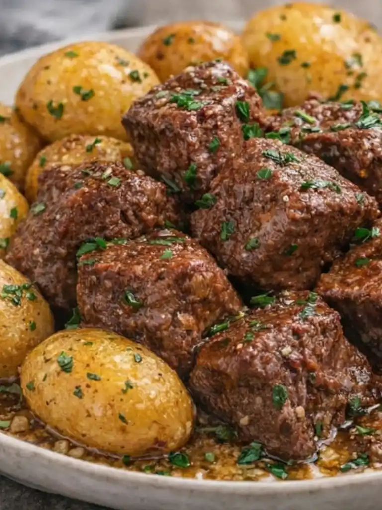 High Protein Slow Cooker Garlic Butter Beef Bites close-up with tender beef chunks and golden potatoes