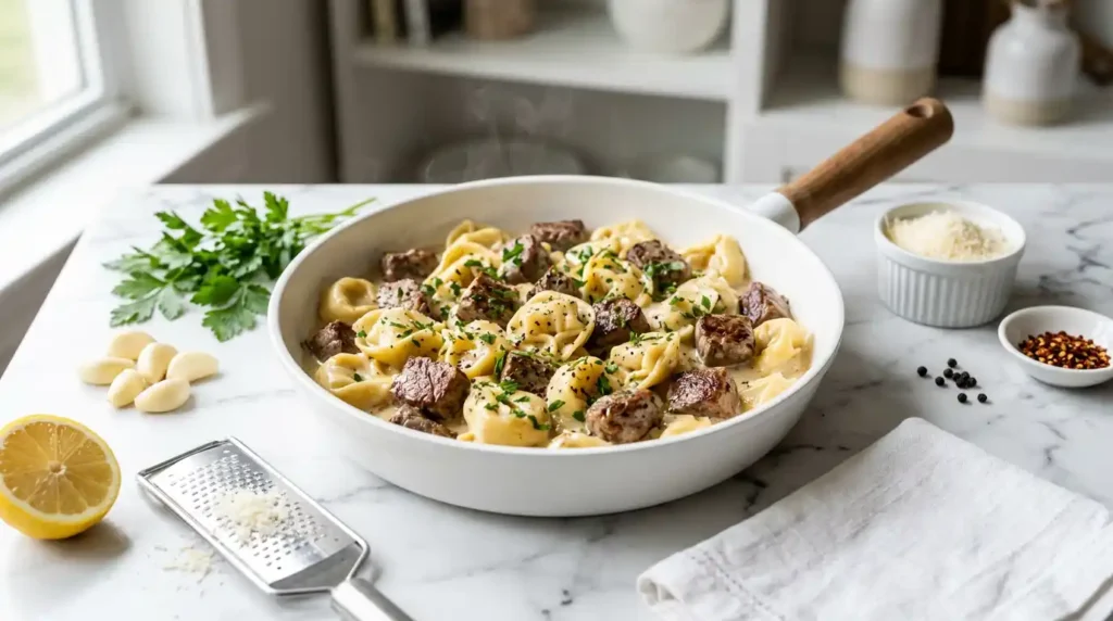 garlic steak tortellini in creamy Parmesan sauce with seared steak bites in a white skillet on marble