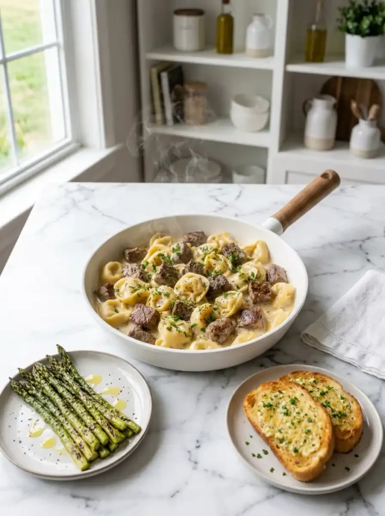 garlic steak tortellini in creamy Parmesan sauce with steak bites in a white skillet on marble, with asparagus and garlic bread