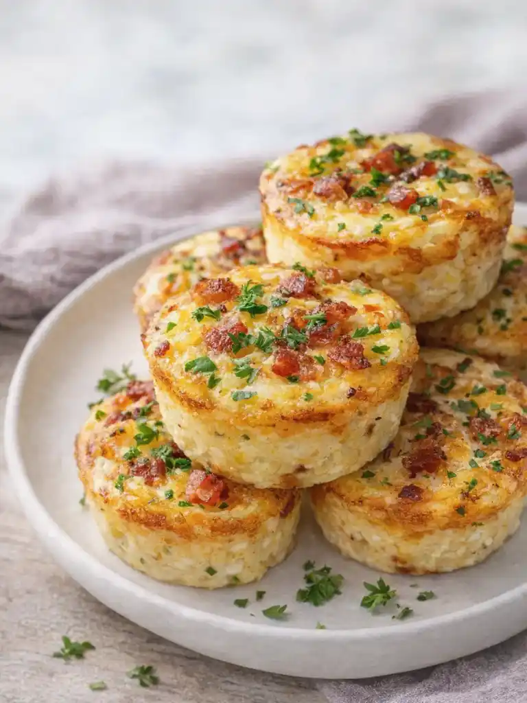Easy Cottage Cheese Egg Bites 2 Fluffy cottage cheese egg bites stacked with bacon and herbs on a plate