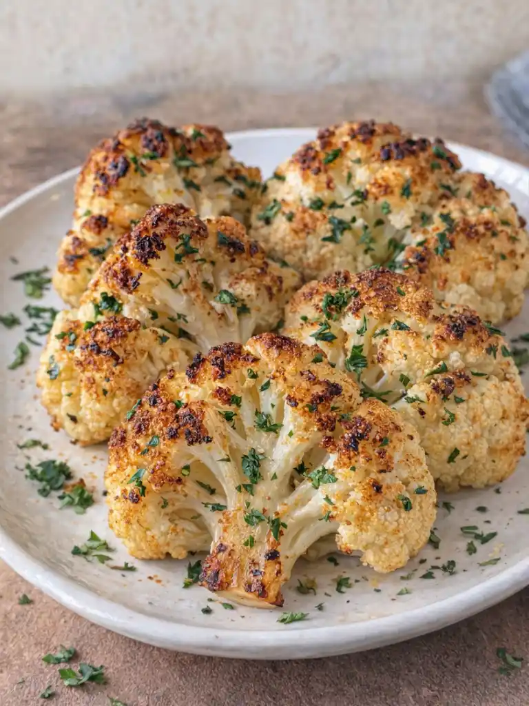 Easy Air Fryer Cauliflower with crisp golden florets and parsley on a white plate