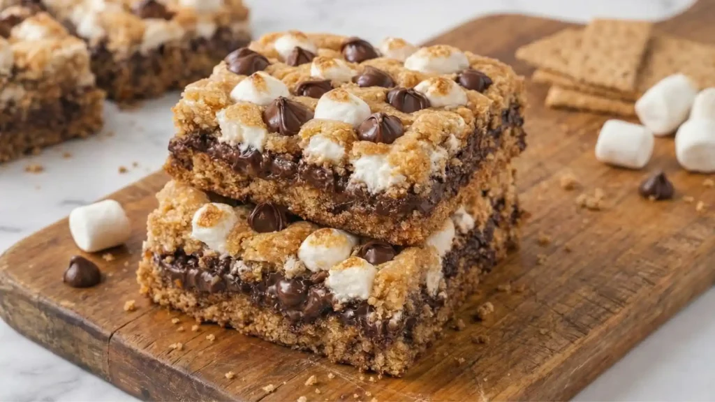 Stack of gooey S’mores Cookie Bars with toasted marshmallows and melted chocolate on a wooden board