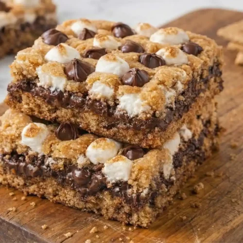 S’mores Cookie Bars (Gooey, Bakery-Style) 3 Stack of gooey S’mores Cookie Bars with toasted marshmallows and melted chocolate on a wooden board
