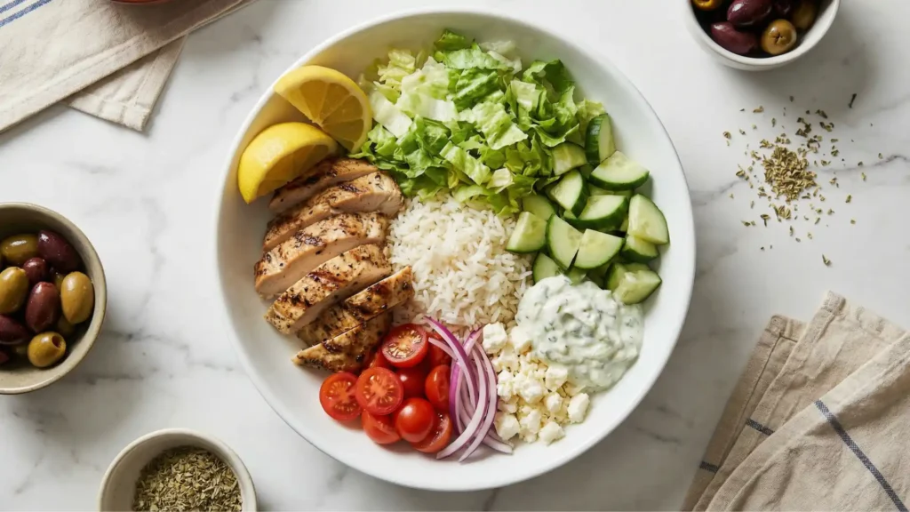 Greek chicken bowls with grilled chicken, rice, cucumber, tomatoes, feta, and tzatziki
