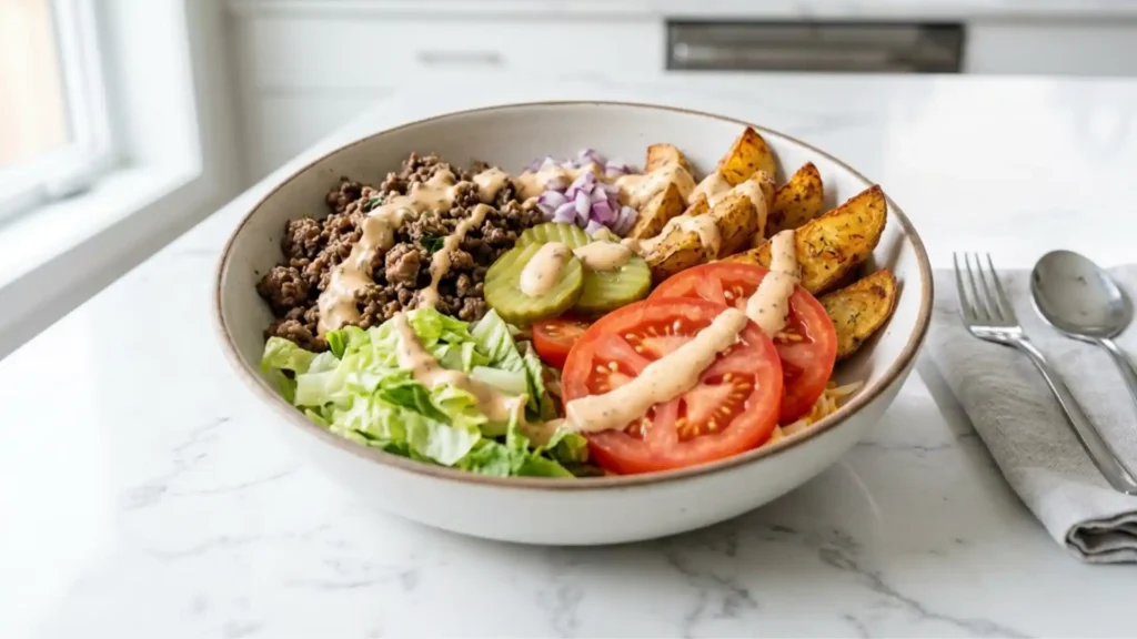 Burger Bowls with ground beef, crispy potatoes, lettuce, tomatoes, pickles, and creamy sauce