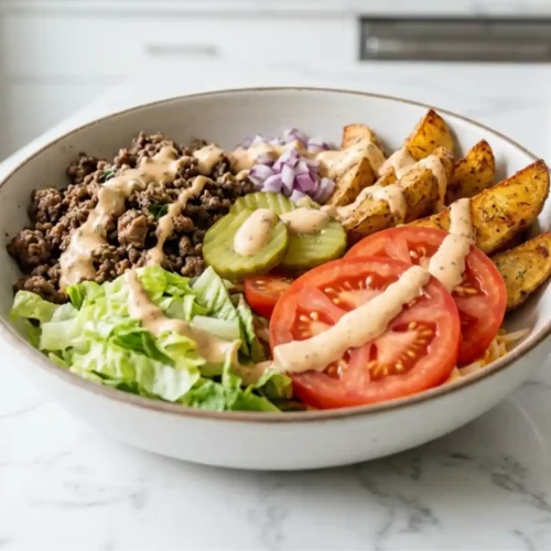 Burger Bowls with ground beef, crispy potatoes, lettuce, tomatoes, pickles, and creamy sauce