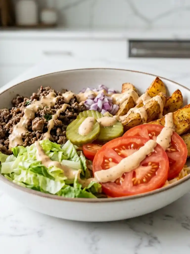 Burger Bowls with ground beef, crispy potatoes, lettuce, tomatoes, pickles, and creamy sauce on marble surface